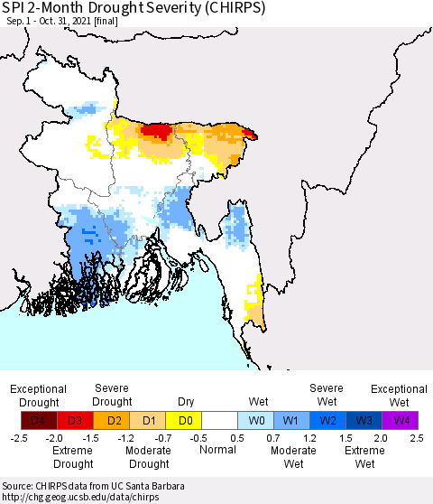 Bangladesh SPI 2-Month Drought Severity (CHIRPS) Thematic Map For 9/1/2021 - 10/31/2021