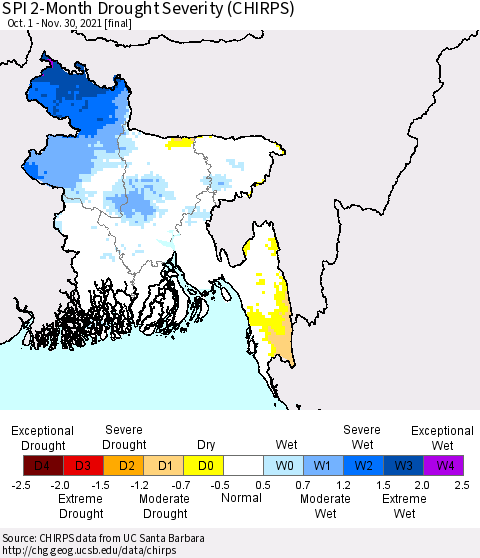 Bangladesh SPI 2-Month Drought Severity (CHIRPS) Thematic Map For 10/1/2021 - 11/30/2021