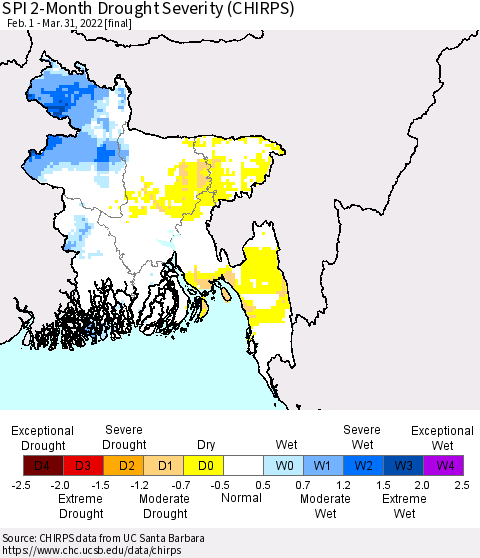 Bangladesh SPI 2-Month Drought Severity (CHIRPS) Thematic Map For 2/1/2022 - 3/31/2022