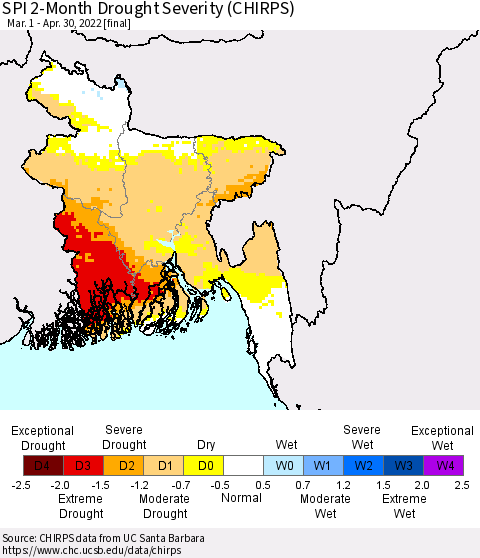 Bangladesh SPI 2-Month Drought Severity (CHIRPS) Thematic Map For 3/1/2022 - 4/30/2022