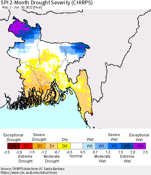 Bangladesh SPI 2-Month Drought Severity (CHIRPS) Thematic Map For 5/1/2022 - 6/30/2022