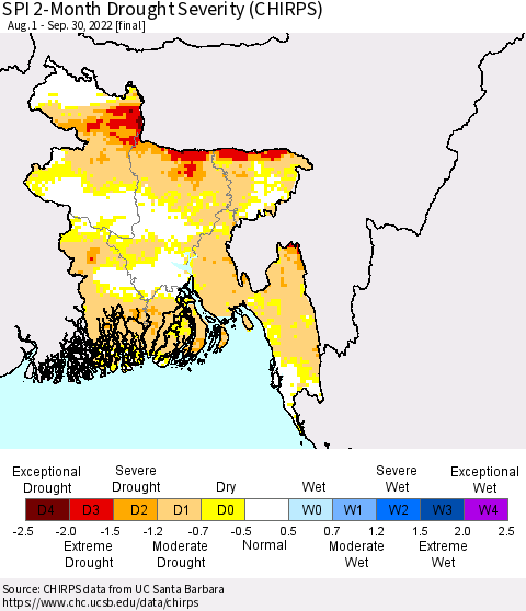 Bangladesh SPI 2-Month Drought Severity (CHIRPS) Thematic Map For 8/1/2022 - 9/30/2022