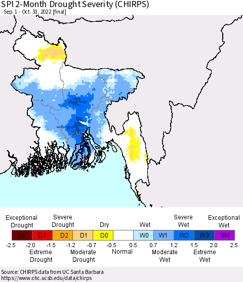 Bangladesh SPI 2-Month Drought Severity (CHIRPS) Thematic Map For 9/1/2022 - 10/31/2022