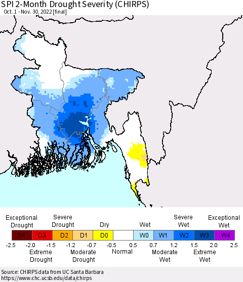 Bangladesh SPI 2-Month Drought Severity (CHIRPS) Thematic Map For 10/1/2022 - 11/30/2022