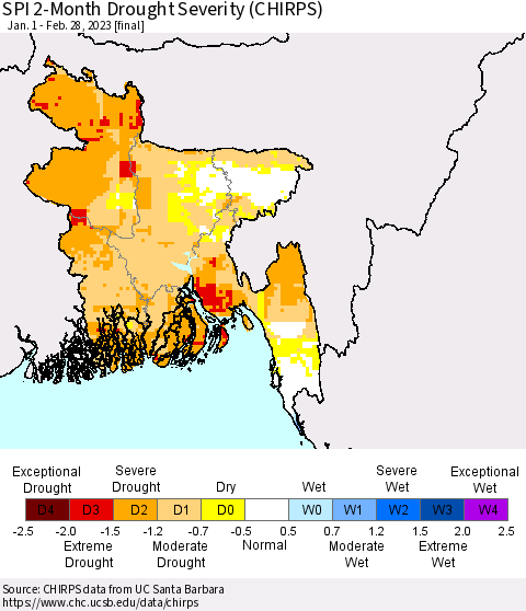Bangladesh SPI 2-Month Drought Severity (CHIRPS) Thematic Map For 1/1/2023 - 2/28/2023