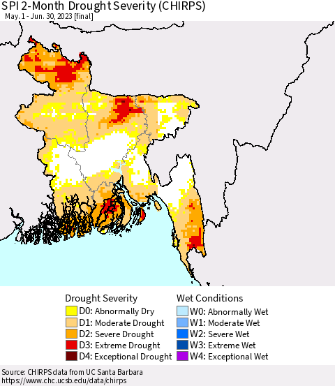 Bangladesh SPI 2-Month Drought Severity (CHIRPS) Thematic Map For 5/1/2023 - 6/30/2023
