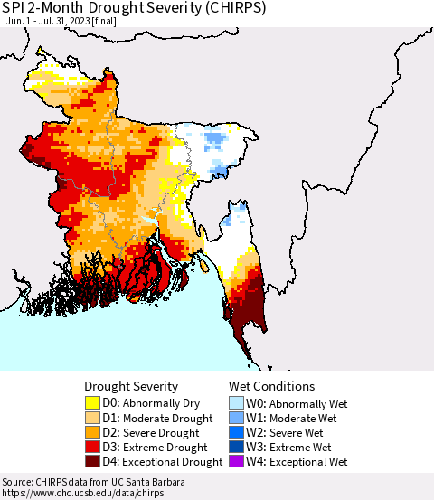 Bangladesh SPI 2-Month Drought Severity (CHIRPS) Thematic Map For 6/1/2023 - 7/31/2023