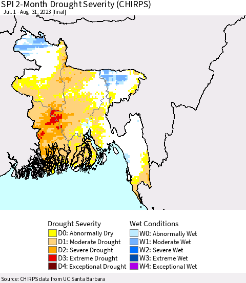 Bangladesh SPI 2-Month Drought Severity (CHIRPS) Thematic Map For 7/1/2023 - 8/31/2023