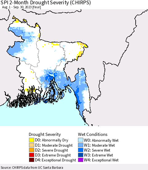 Bangladesh SPI 2-Month Drought Severity (CHIRPS) Thematic Map For 8/1/2023 - 9/30/2023