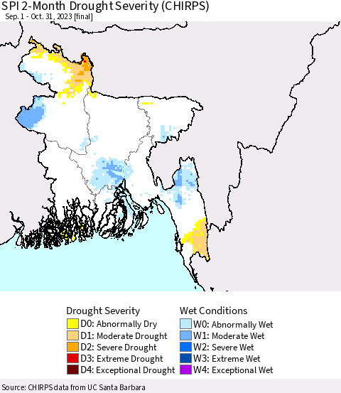 Bangladesh SPI 2-Month Drought Severity (CHIRPS) Thematic Map For 9/1/2023 - 10/31/2023