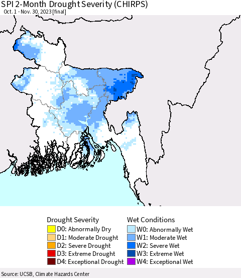 Bangladesh SPI 2-Month Drought Severity (CHIRPS) Thematic Map For 10/1/2023 - 11/30/2023