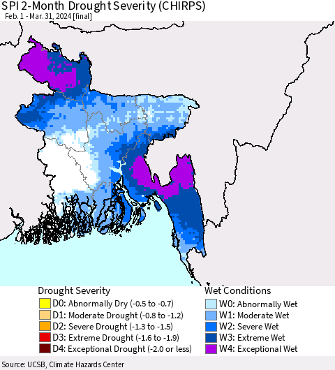 Bangladesh SPI 2-Month Drought Severity (CHIRPS) Thematic Map For 2/1/2024 - 3/31/2024