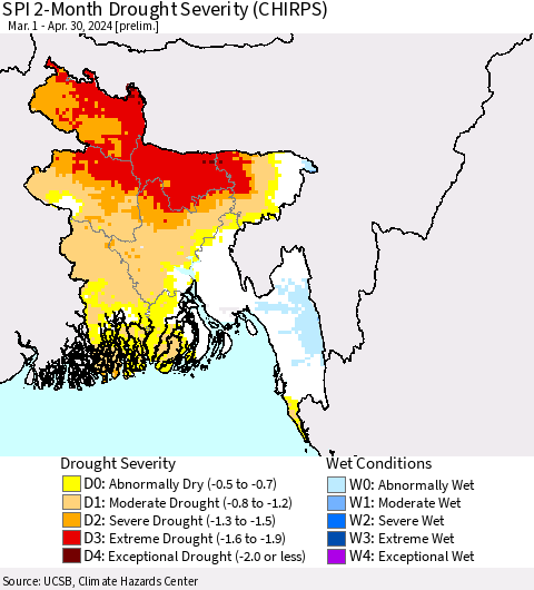 Bangladesh SPI 2-Month Drought Severity (CHIRPS) Thematic Map For 3/1/2024 - 4/30/2024