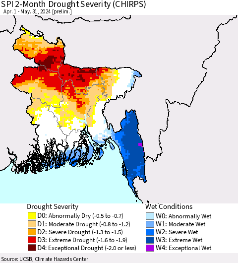 Bangladesh SPI 2-Month Drought Severity (CHIRPS) Thematic Map For 4/1/2024 - 5/31/2024