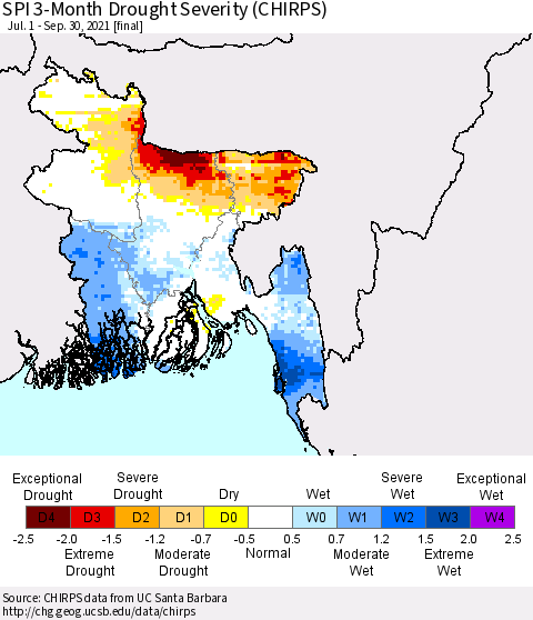 Bangladesh SPI 3-Month Drought Severity (CHIRPS) Thematic Map For 7/1/2021 - 9/30/2021