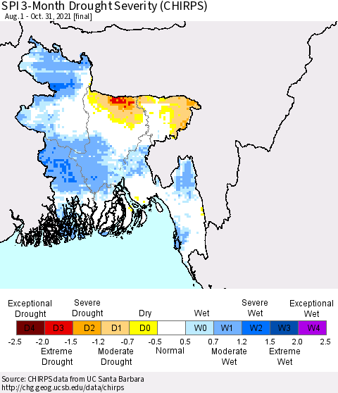 Bangladesh SPI 3-Month Drought Severity (CHIRPS) Thematic Map For 8/1/2021 - 10/31/2021