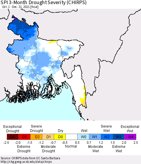 Bangladesh SPI 3-Month Drought Severity (CHIRPS) Thematic Map For 10/1/2021 - 12/31/2021