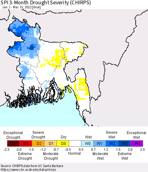 Bangladesh SPI 3-Month Drought Severity (CHIRPS) Thematic Map For 1/1/2022 - 3/31/2022
