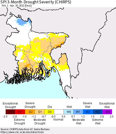 Bangladesh SPI 3-Month Drought Severity (CHIRPS) Thematic Map For 2/1/2022 - 4/30/2022