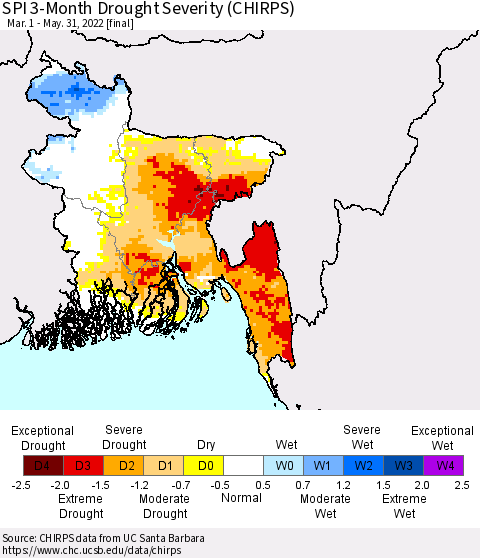 Bangladesh SPI 3-Month Drought Severity (CHIRPS) Thematic Map For 3/1/2022 - 5/31/2022