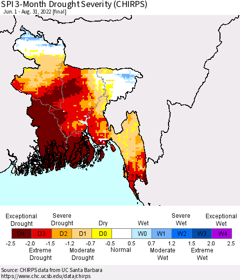 Bangladesh SPI 3-Month Drought Severity (CHIRPS) Thematic Map For 6/1/2022 - 8/31/2022