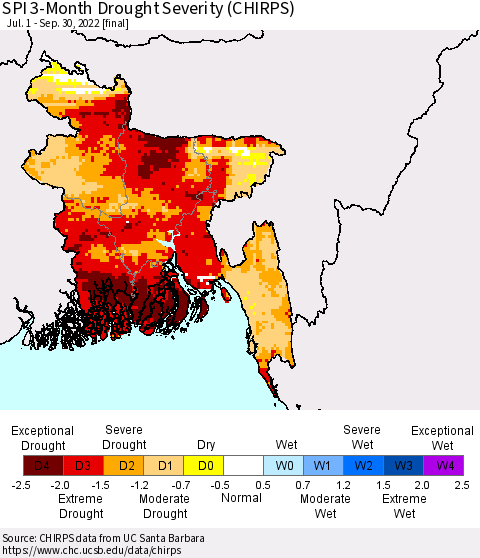 Bangladesh SPI 3-Month Drought Severity (CHIRPS) Thematic Map For 7/1/2022 - 9/30/2022
