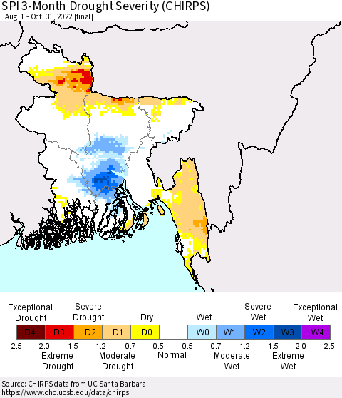 Bangladesh SPI 3-Month Drought Severity (CHIRPS) Thematic Map For 8/1/2022 - 10/31/2022