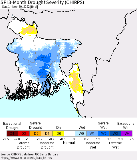 Bangladesh SPI 3-Month Drought Severity (CHIRPS) Thematic Map For 9/1/2022 - 11/30/2022
