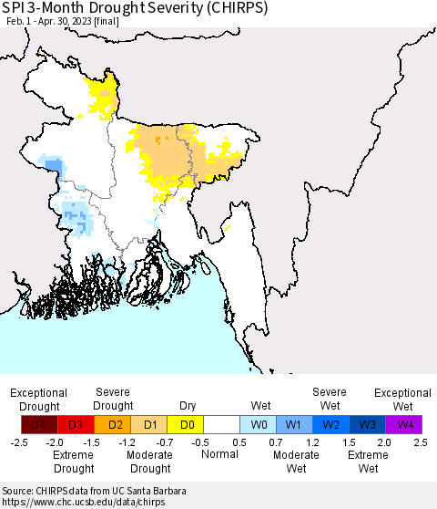 Bangladesh SPI 3-Month Drought Severity (CHIRPS) Thematic Map For 2/1/2023 - 4/30/2023