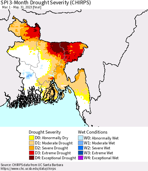 Bangladesh SPI 3-Month Drought Severity (CHIRPS) Thematic Map For 3/1/2023 - 5/31/2023