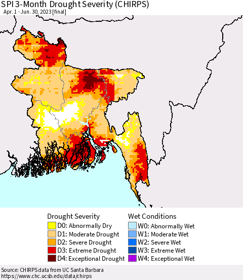 Bangladesh SPI 3-Month Drought Severity (CHIRPS) Thematic Map For 4/1/2023 - 6/30/2023