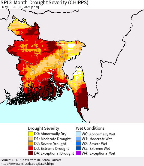 Bangladesh SPI 3-Month Drought Severity (CHIRPS) Thematic Map For 5/1/2023 - 7/31/2023