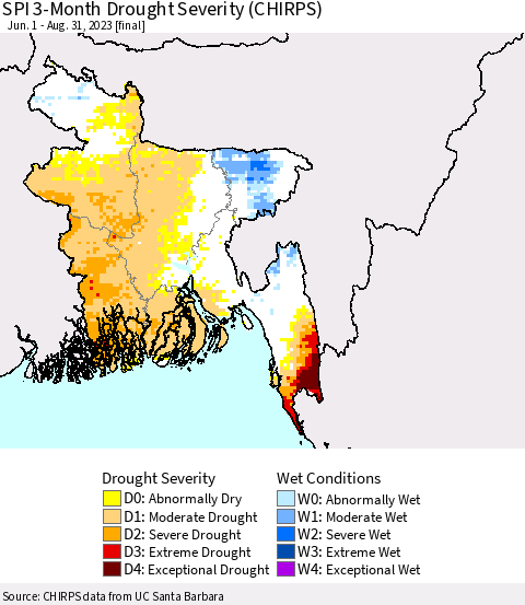 Bangladesh SPI 3-Month Drought Severity (CHIRPS) Thematic Map For 6/1/2023 - 8/31/2023