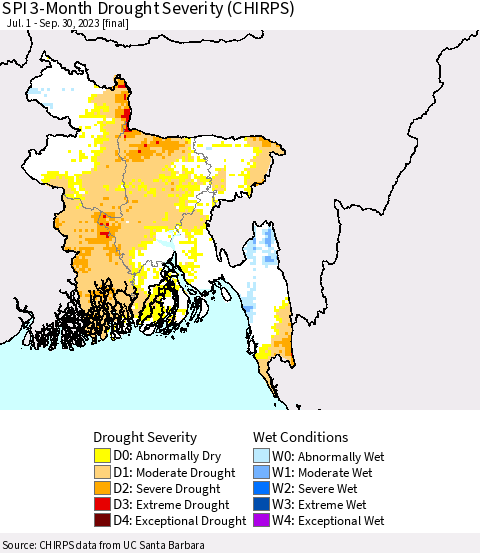 Bangladesh SPI 3-Month Drought Severity (CHIRPS) Thematic Map For 7/1/2023 - 9/30/2023