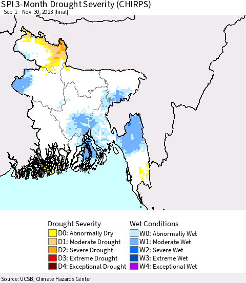 Bangladesh SPI 3-Month Drought Severity (CHIRPS) Thematic Map For 9/1/2023 - 11/30/2023