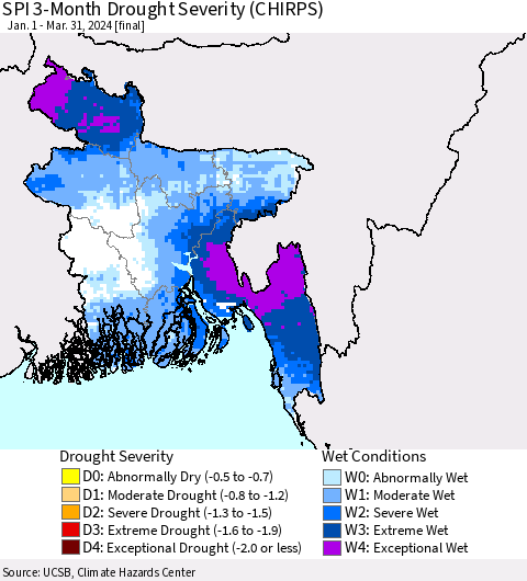 Bangladesh SPI 3-Month Drought Severity (CHIRPS) Thematic Map For 1/1/2024 - 3/31/2024