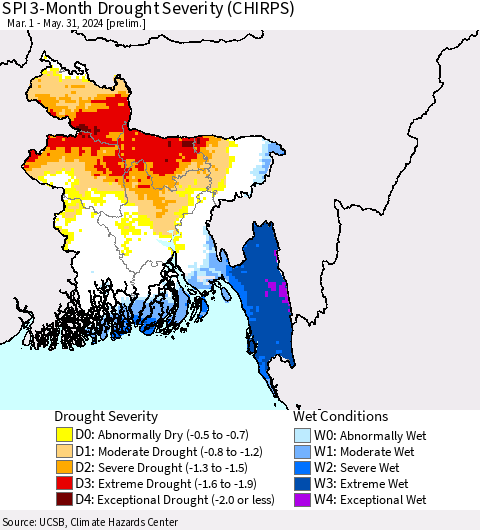 Bangladesh SPI 3-Month Drought Severity (CHIRPS) Thematic Map For 3/1/2024 - 5/31/2024