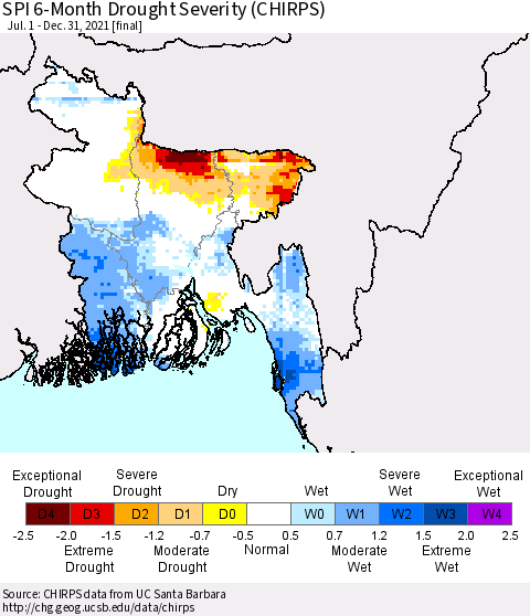 Bangladesh SPI 6-Month Drought Severity (CHIRPS) Thematic Map For 7/1/2021 - 12/31/2021