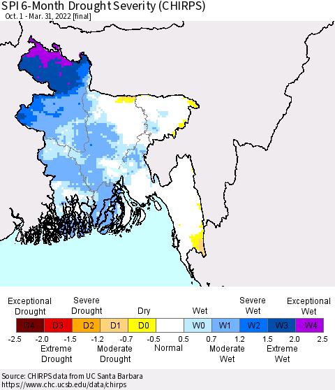 Bangladesh SPI 6-Month Drought Severity (CHIRPS) Thematic Map For 10/1/2021 - 3/31/2022