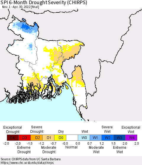 Bangladesh SPI 6-Month Drought Severity (CHIRPS) Thematic Map For 11/1/2021 - 4/30/2022