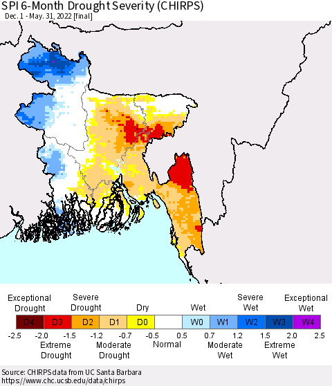Bangladesh SPI 6-Month Drought Severity (CHIRPS) Thematic Map For 12/1/2021 - 5/31/2022