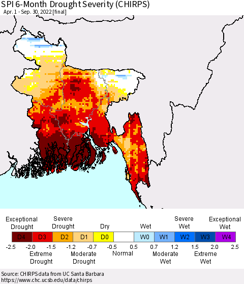 Bangladesh SPI 6-Month Drought Severity (CHIRPS) Thematic Map For 4/1/2022 - 9/30/2022