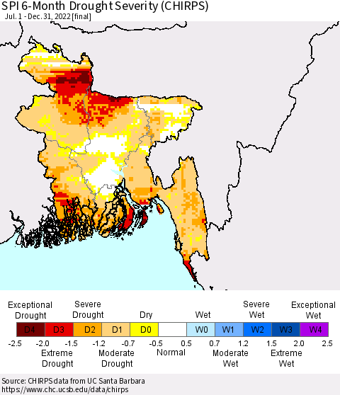 Bangladesh SPI 6-Month Drought Severity (CHIRPS) Thematic Map For 7/1/2022 - 12/31/2022