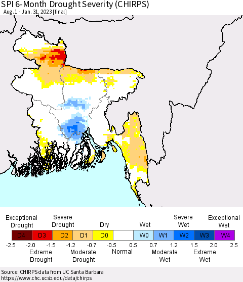 Bangladesh SPI 6-Month Drought Severity (CHIRPS) Thematic Map For 8/1/2022 - 1/31/2023