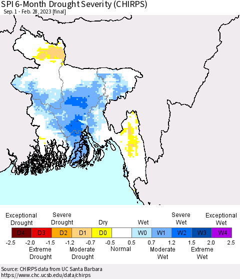 Bangladesh SPI 6-Month Drought Severity (CHIRPS) Thematic Map For 9/1/2022 - 2/28/2023