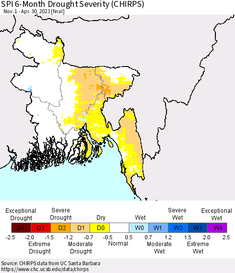 Bangladesh SPI 6-Month Drought Severity (CHIRPS) Thematic Map For 11/1/2022 - 4/30/2023