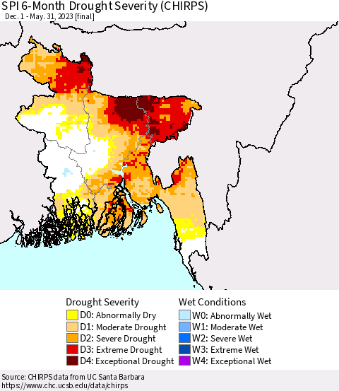 Bangladesh SPI 6-Month Drought Severity (CHIRPS) Thematic Map For 12/1/2022 - 5/31/2023
