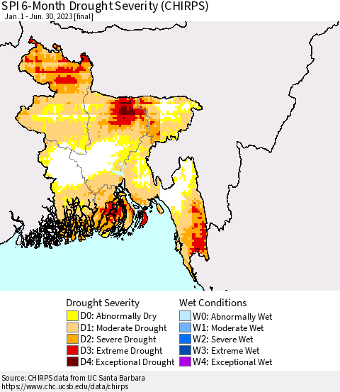Bangladesh SPI 6-Month Drought Severity (CHIRPS) Thematic Map For 1/1/2023 - 6/30/2023