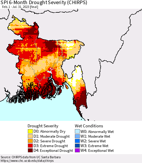 Bangladesh SPI 6-Month Drought Severity (CHIRPS) Thematic Map For 2/1/2023 - 7/31/2023