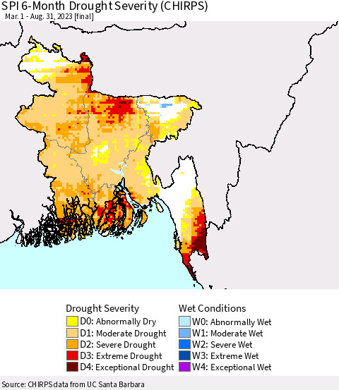 Bangladesh SPI 6-Month Drought Severity (CHIRPS) Thematic Map For 3/1/2023 - 8/31/2023